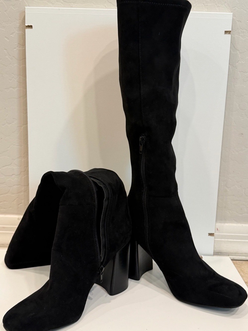 Black Suede Knee-High Block Heel Boots - Women